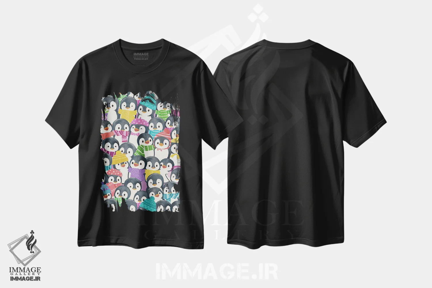 تیشرت مشکی طرح دار بچه پنگوئن در پیاده روی زمستانی، دست نقاشی و طراحی دستی اثر لورا گریوز | فروشگاه ایماژ