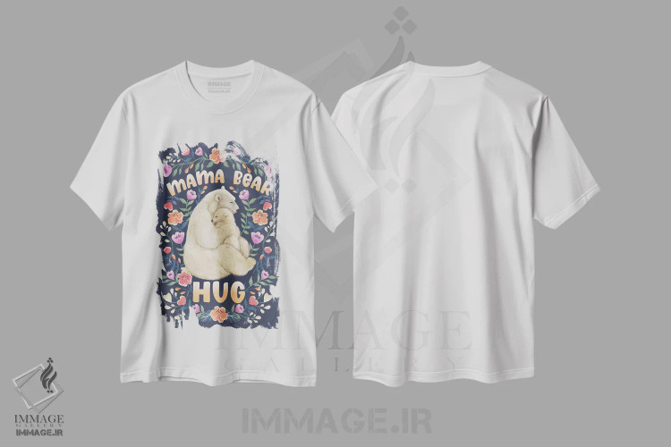 تیشرت سفید طرح دار بغل مادرخرسی، دست نقاشی و طراحی دستی اثر لورا گریوز | فروشگاه ایماژ