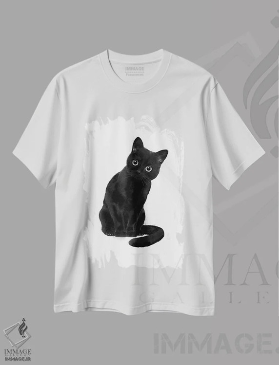 تیشرت سفید طرح دار گربه بامزه و ترسناک، نقاشی و تصویرگری سیاه و سفید اثر لورا گریوز | فروشگاه ایماژ