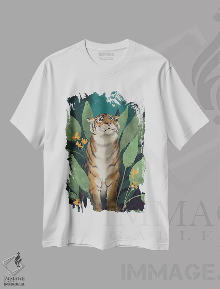 تیشرت سفید طرح دار جنگل ببرها، دست نقاشی و طراحی دستی اثر لورا گریوز | immage.ir