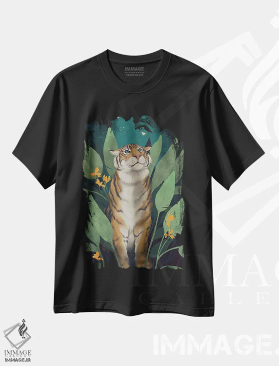 تیشرت مشکی طرح دار جنگل ببرها، دست نقاشی و طراحی دستی اثر لورا گریوز | فروشگاه ایماژ