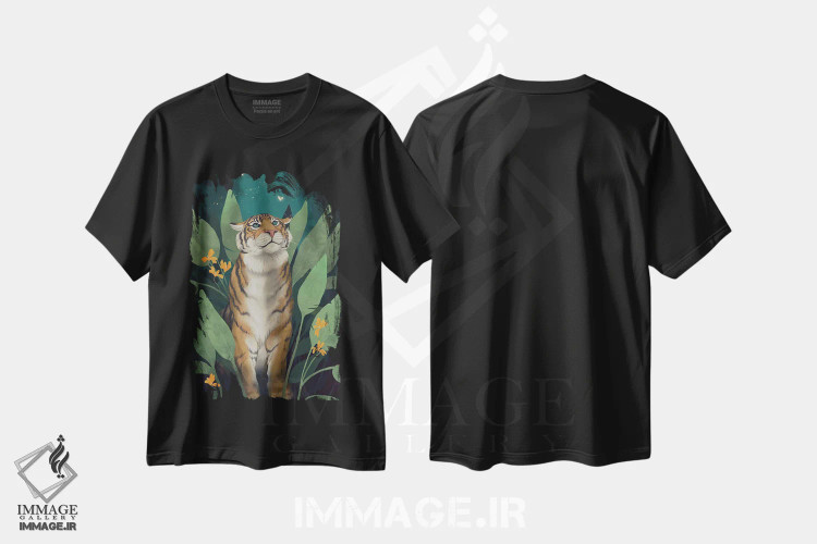 تیشرت مشکی طرح دار جنگل ببرها، دست نقاشی و طراحی دستی اثر لورا گریوز | فروشگاه ایماژ