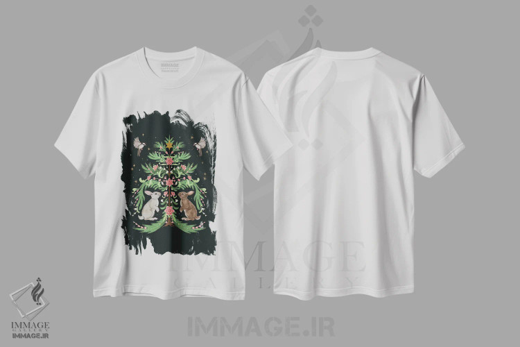 تیشرت سفید طرح دار خرگوش های درخت کریسمس سبز اثر لورا گریوز | فروشگاه ایماژ