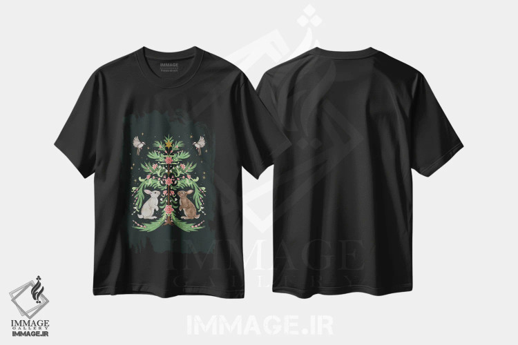 تیشرت مشکی طرح دار خرگوش های درخت کریسمس سبز اثر لورا گریوز | immage.ir