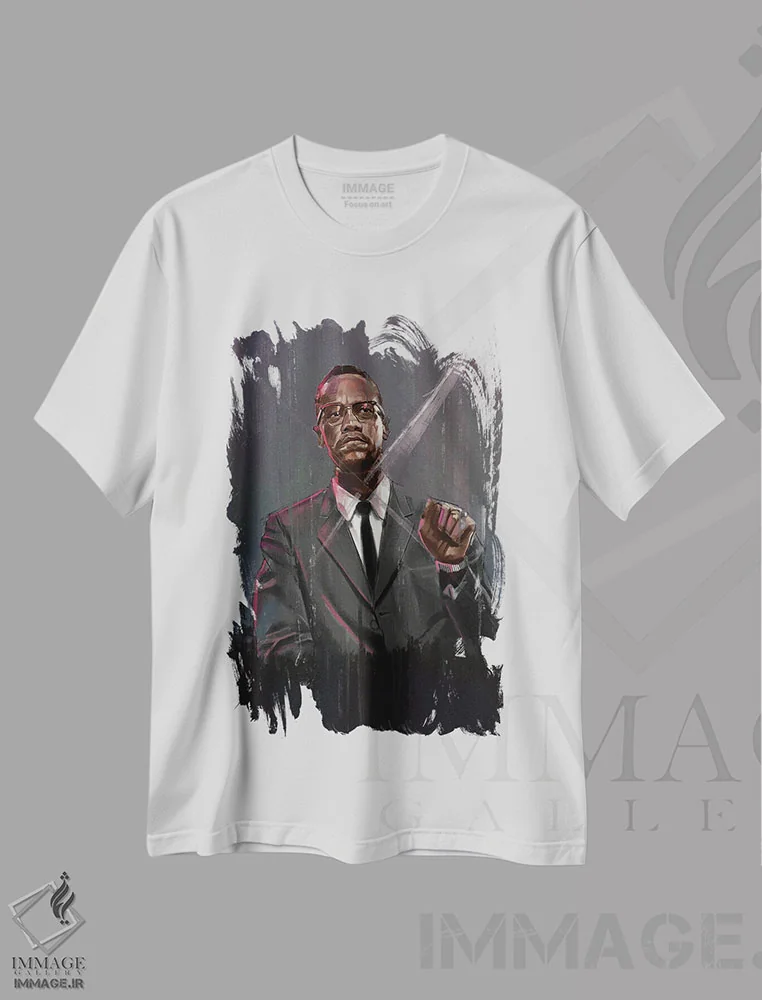 تیشرت سفید طرح دار مالکوم ایکس، هنر آمریکایی آفریقایی تبار اثر گوردون رو | immage.ir