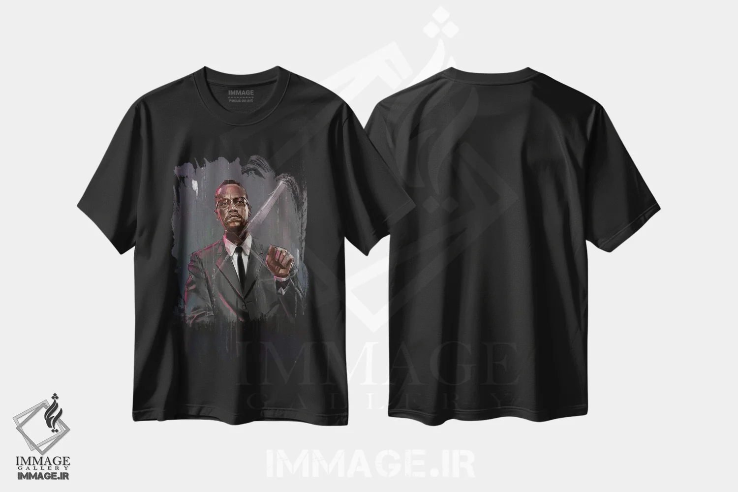تیشرت مشکی طرح دار مالکوم ایکس، هنر آمریکایی آفریقایی تبار اثر گوردون رو | فروشگاه ایماژ