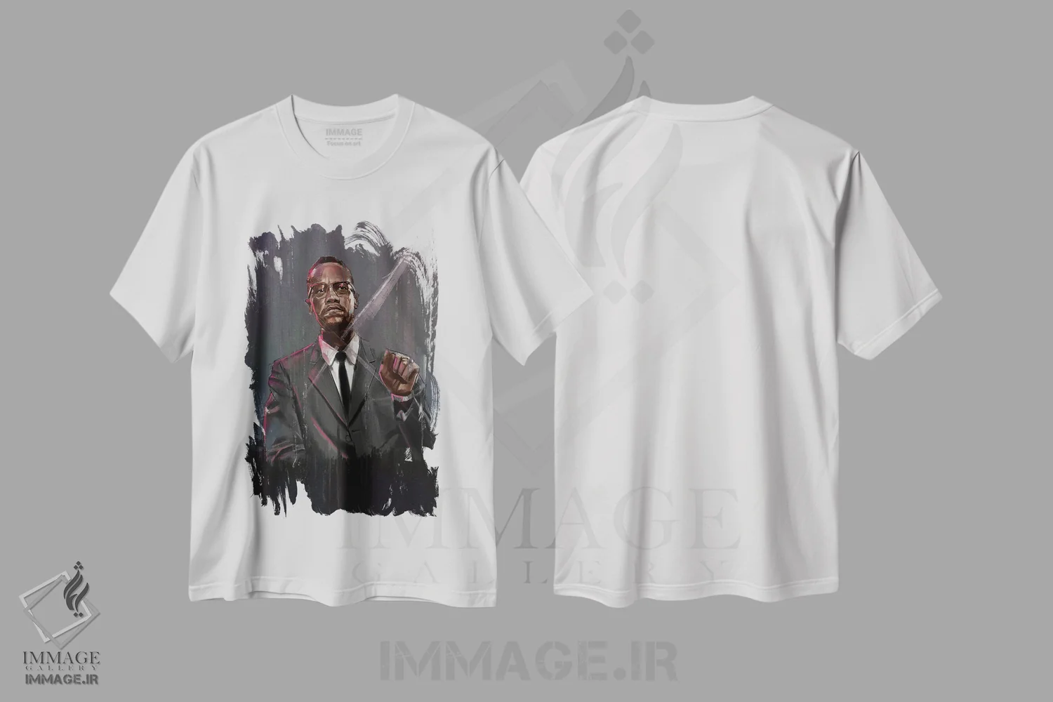 تیشرت سفید طرح دار مالکوم ایکس، هنر آمریکایی آفریقایی تبار اثر گوردون رو | immage.ir