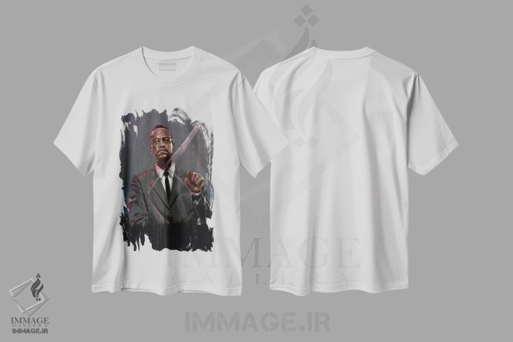 تیشرت سفید طرح دار مالکوم ایکس، هنر آمریکایی آفریقایی تبار اثر گوردون رو | immage.ir