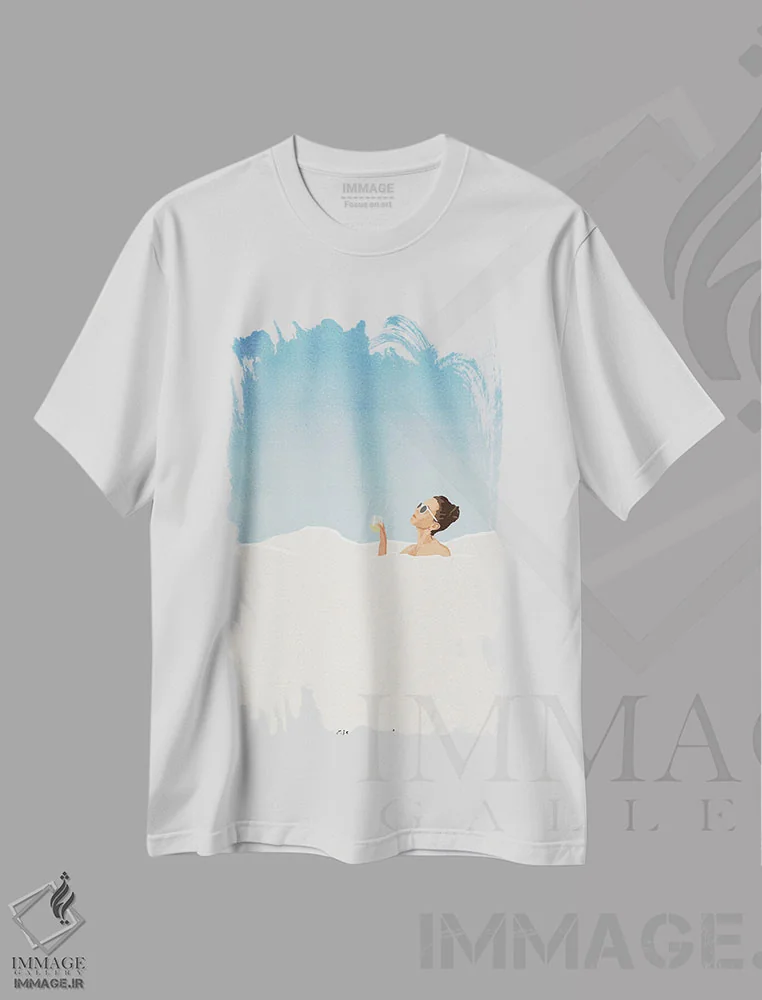 تیشرت سفید طرح دار وان کف در ابرها، تزئینی اثر گیسل دکل | فروشگاه ایماژ