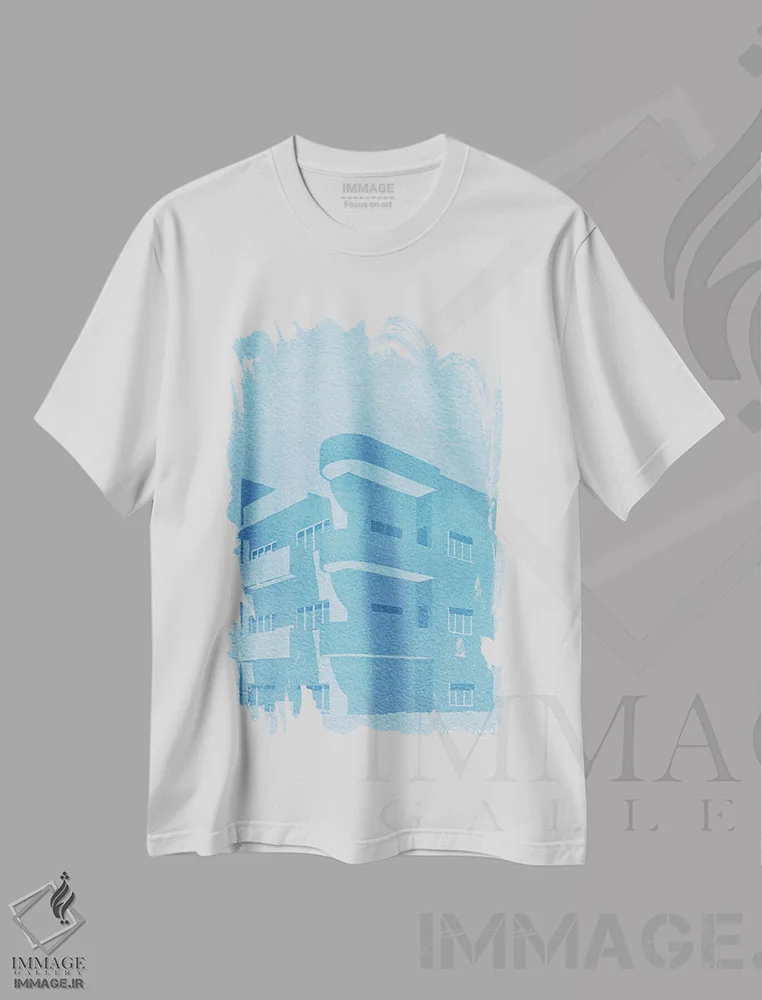 تیشرت سفید طرح دار باهاوس آبی، تزئینی اثر گیسل دکل | فروشگاه ایماژ