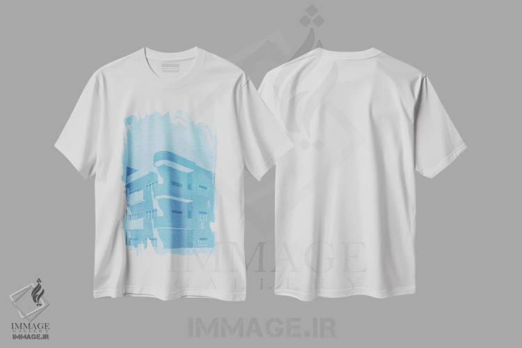 تیشرت سفید طرح دار باهاوس آبی، تزئینی اثر گیسل دکل | فروشگاه ایماژ