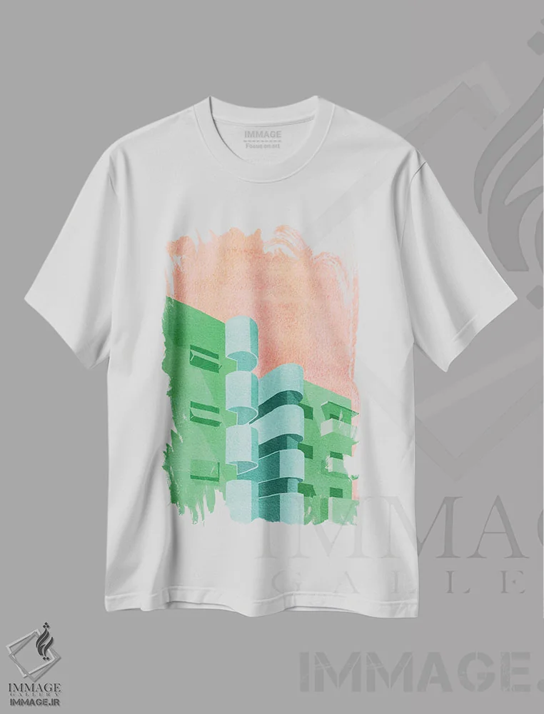 تیشرت سفید طرح دار باوهاوس سبز، تزئینی اثر گیسل دکل | فروشگاه ایماژ