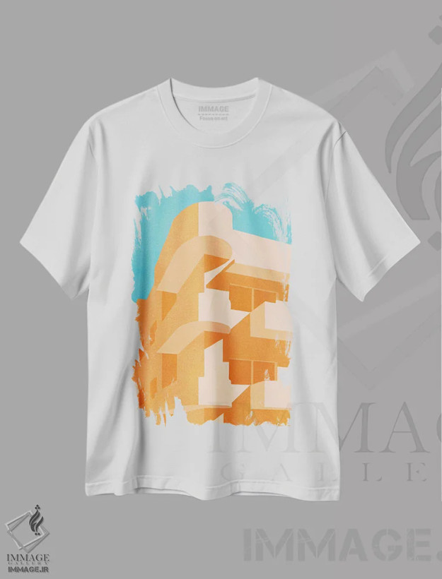 تیشرت سفید طرح دار باوهاوس نارنجی، تزئینی اثر گیسل دکل | فروشگاه ایماژ