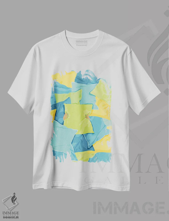 تیشرت سفید طرح دار بالش ها، تزئینی اثر گیسل دکل | فروشگاه ایماژ