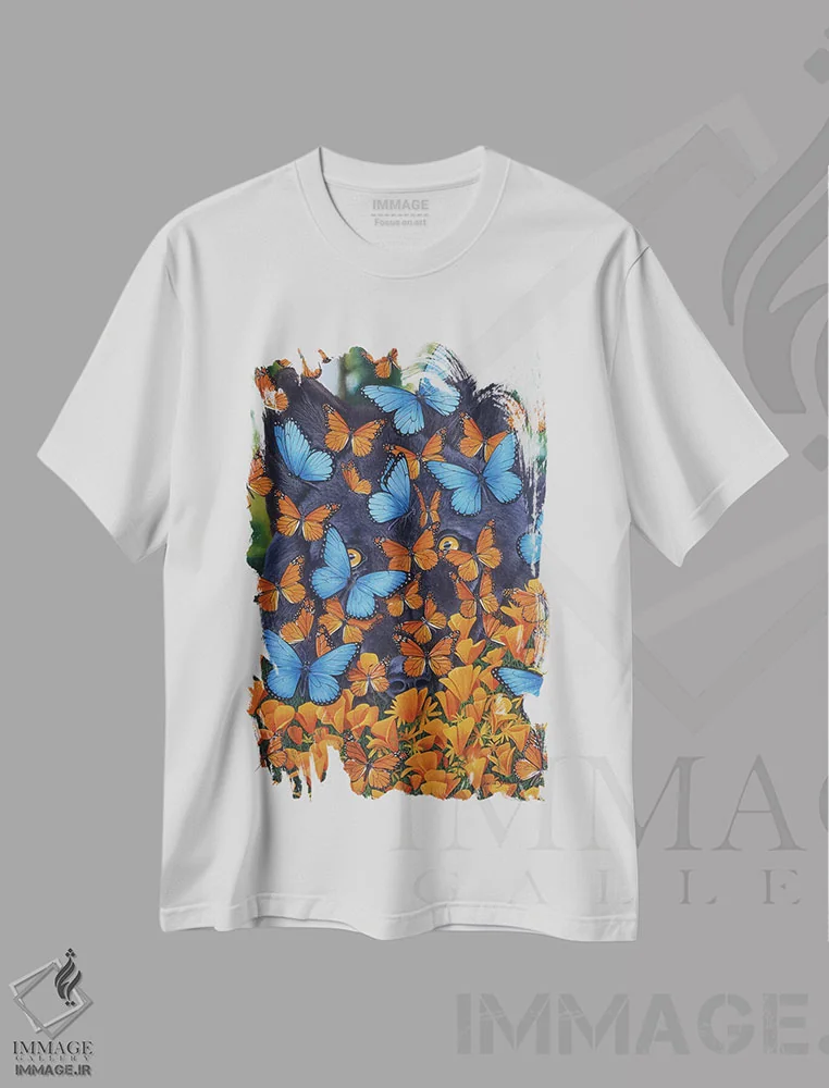 تیشرت سفید طرح دار پروانه های پاییزی، هنر فاخر معاصر اثر گرائیم استیونسون | immage.ir