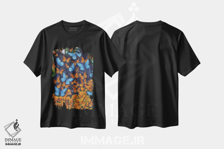 تیشرت مشکی طرح دار پروانه های پاییزی، هنر فاخر معاصر اثر گرائیم استیونسون | فروشگاه ایماژ