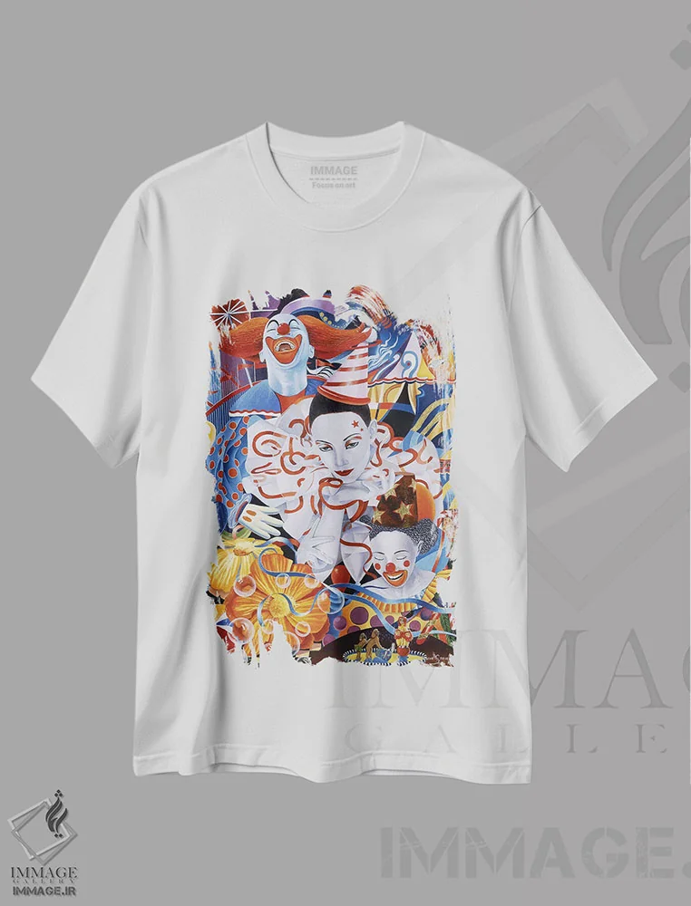 تیشرت سفید طرح دار یک دلقک باش، هنر فاخر معاصر اثر گرائیم استیونسون | immage.ir