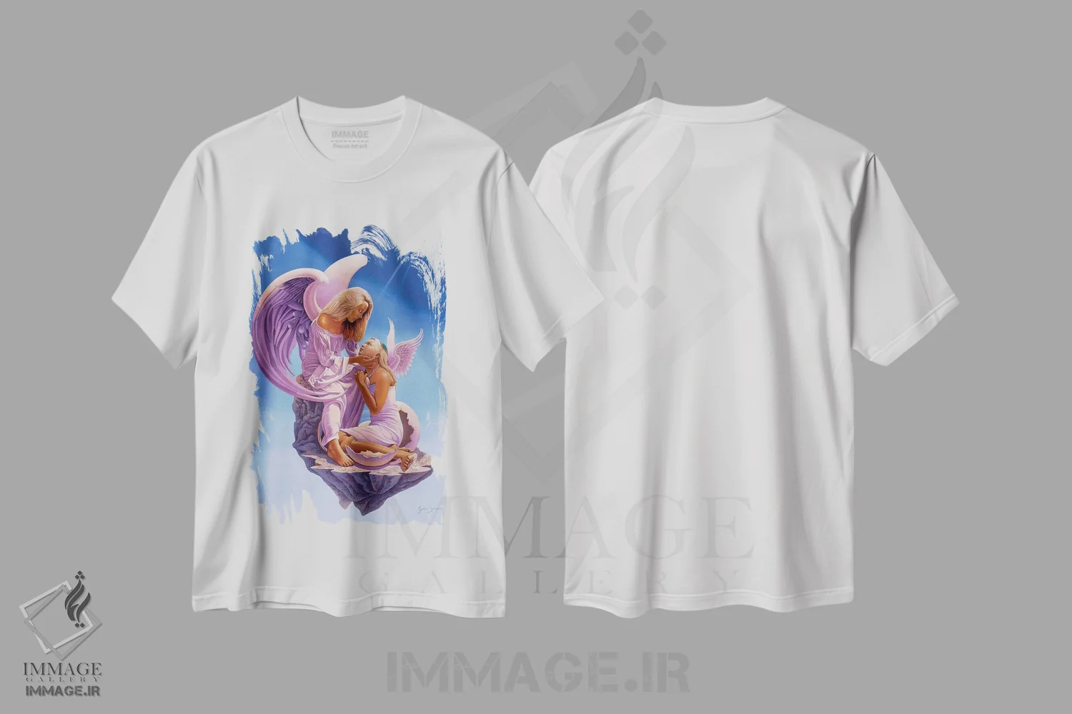 تیشرت سفید طرح دار تولد یک فرشته، هنر فاخر معاصر اثر گرائیم استیونسون | فروشگاه ایماژ