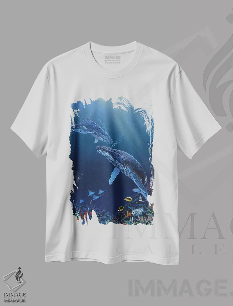 تیشرت سفید طرح دار سکوت آبی، هنر فاخر معاصر اثر گرائیم استیونسون | فروشگاه ایماژ