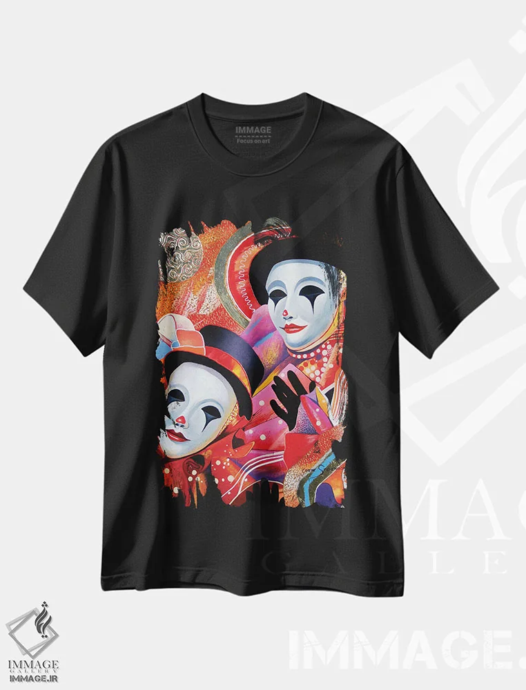 تیشرت مشکی طرح دار دلقک بازی، هنر فاخر معاصر اثر گرائیم استیونسون | فروشگاه ایماژ