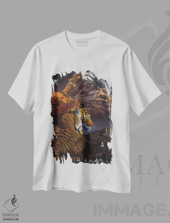 تیشرت سفید طرح دار ببر کیهانی، هنر فاخر معاصر اثر گرائیم استیونسون | immage.ir
