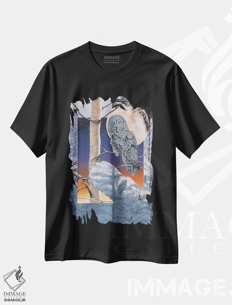 تیشرت مشکی طرح دار مه های خاکستری، هنر فاخر معاصر اثر گرائیم استیونسون | فروشگاه ایماژ