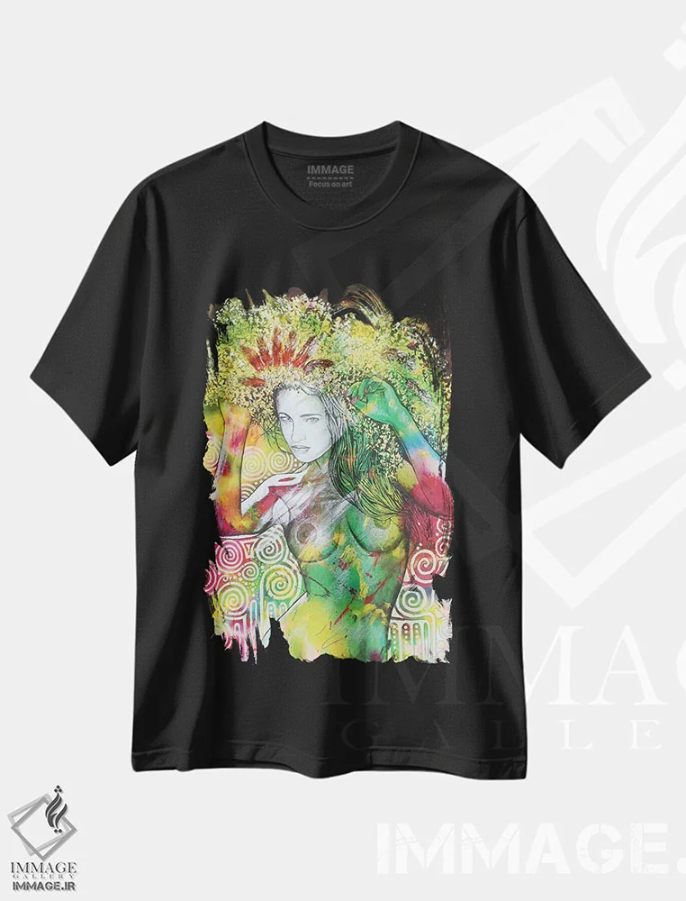 تیشرت مشکی طرح دار جست وخیز روی چمن، هنر فاخر معاصر اثر گرائیم استیونسون | immage.ir
