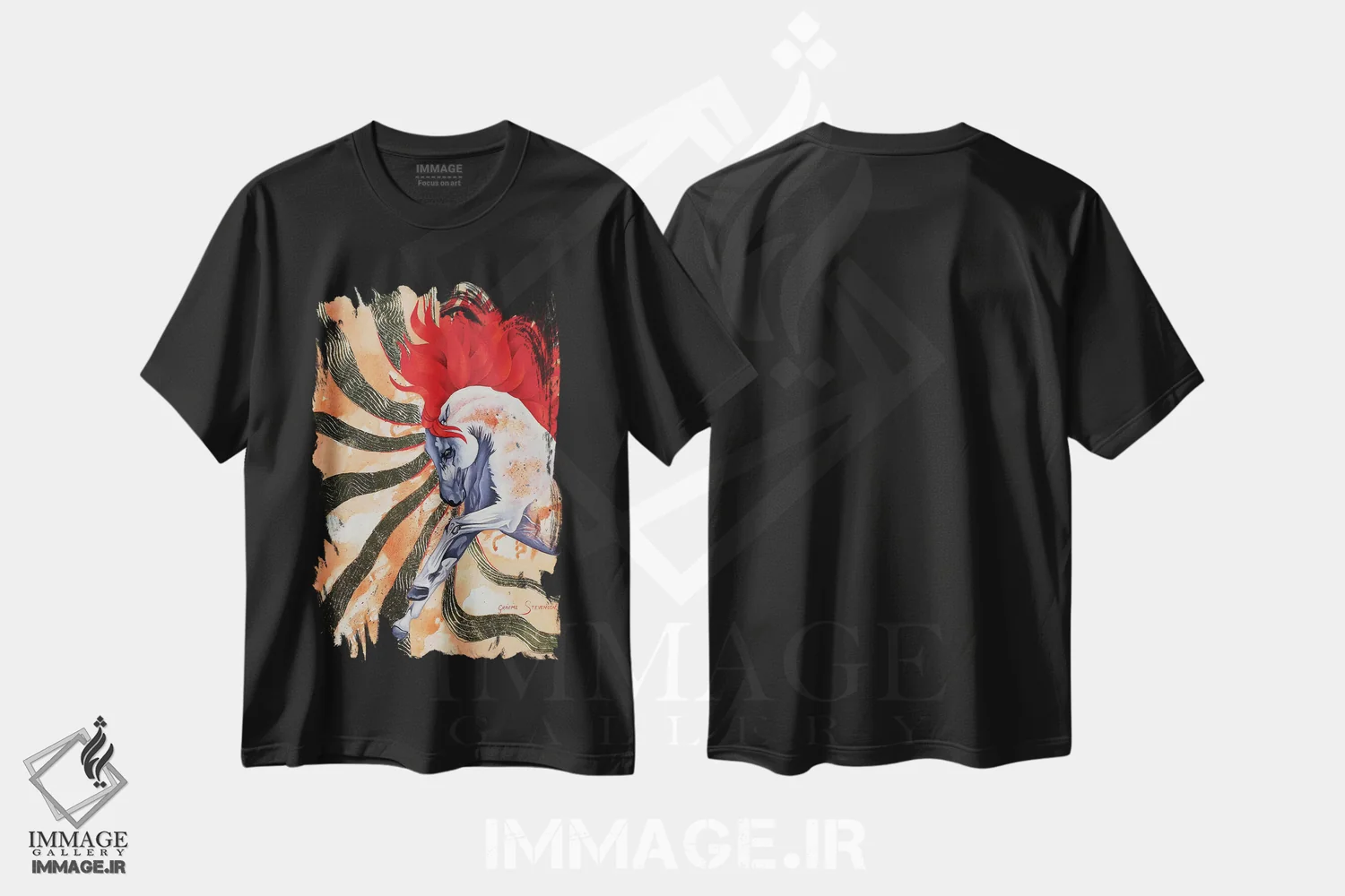 تیشرت مشکی طرح دار اسب نر سرخ، هنر فاخر معاصر اثر گرائیم استیونسون | فروشگاه ایماژ