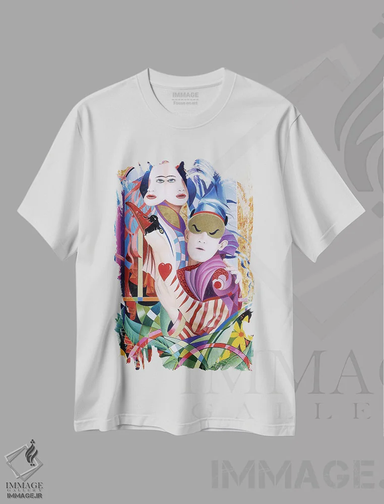 تیشرت سفید طرح دار دو دلداده، هنر فاخر معاصر اثر گرائیم استیونسون | فروشگاه ایماژ