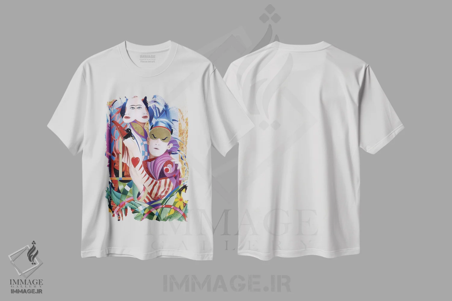 تیشرت سفید طرح دار دو دلداده، هنر فاخر معاصر اثر گرائیم استیونسون | فروشگاه ایماژ