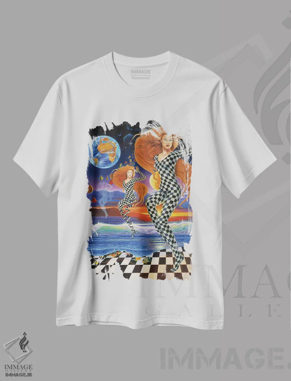 تیشرت سفید طرح دار شکل چیزهایی که خواهد آمد، هنر فاخر معاصر اثر گرائیم استیونسون | فروشگاه ایماژ