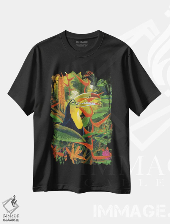 تیشرت مشکی طرح دار رنگ های توکان، هنر فاخر معاصر اثر گرائیم استیونسون | immage.ir