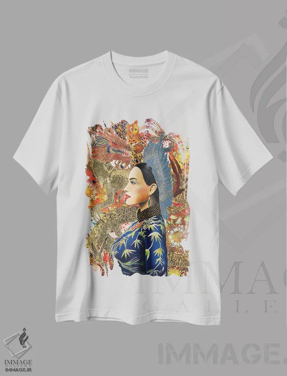 تیشرت سفید طرح دار بانوی اژدها، دکور آسیایی اثر گرائیم استیونسون | immage.ir