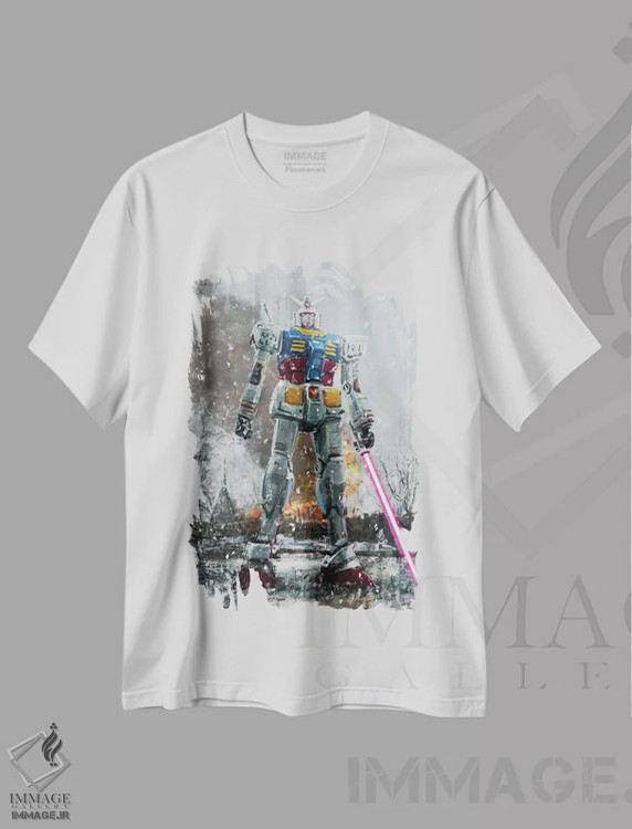 تیشرت سفید طرح دار گاندام، جاردینی ریالی، هنر دیجیتال اثر آندریا گاتی | فروشگاه ایماژ