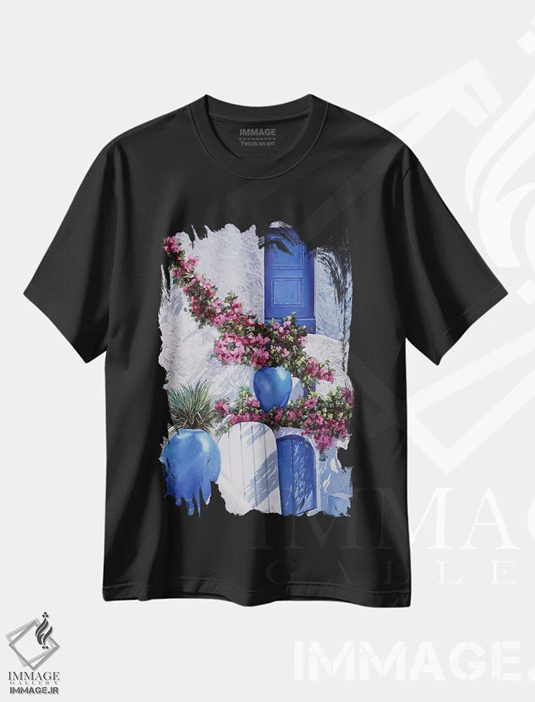 تیشرت مشکی طرح دار گلدان های آبی، تزئینی اثر گویدو بورلی | فروشگاه ایماژ