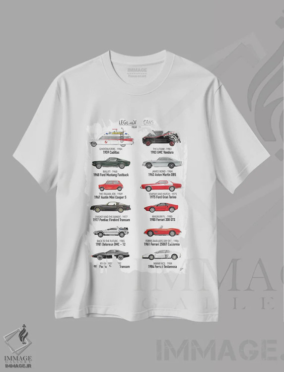 تیشرت سفید طرح دار اتومبیل های افسانه ای فیلم و تلویزیون، هنر دیجیتال اثر گاو نورتون | immage.ir