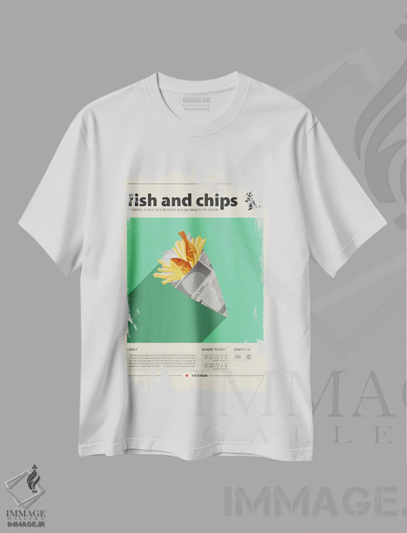 تیشرت سفید طرح دار فیله ماهی و سیب زمینی، تزئینی اثر گاستروورلد | immage.ir