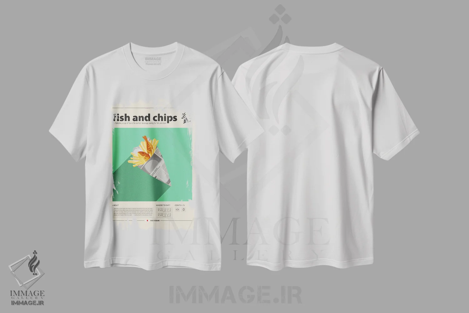 تیشرت سفید طرح دار فیله ماهی و سیب زمینی، تزئینی اثر گاستروورلد | immage.ir