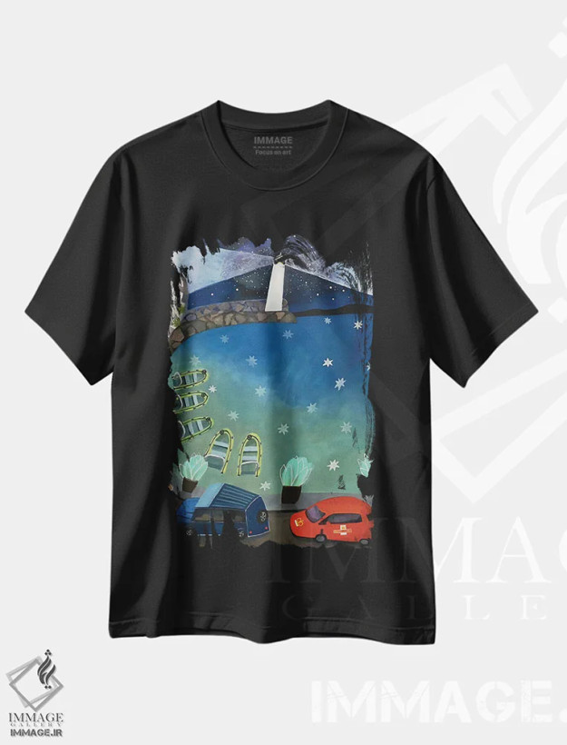 تیشرت مشکی طرح دار ستاره هایی که بر اسکله اسمیاتن می ریزند، تزئینی اثر گرتی یانگ | فروشگاه ایماژ