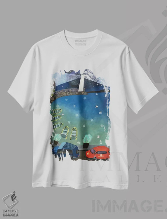 تیشرت سفید طرح دار ستاره هایی که بر اسکله اسمیاتن می ریزند، تزئینی اثر گرتی یانگ | immage.ir