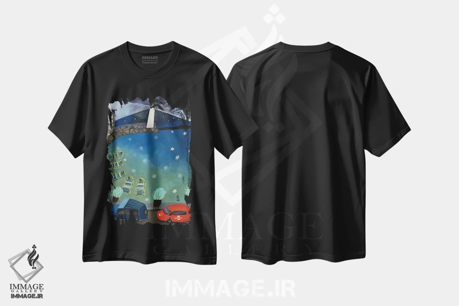 تیشرت مشکی طرح دار ستاره هایی که بر اسکله اسمیاتن می ریزند، تزئینی اثر گرتی یانگ | فروشگاه ایماژ
