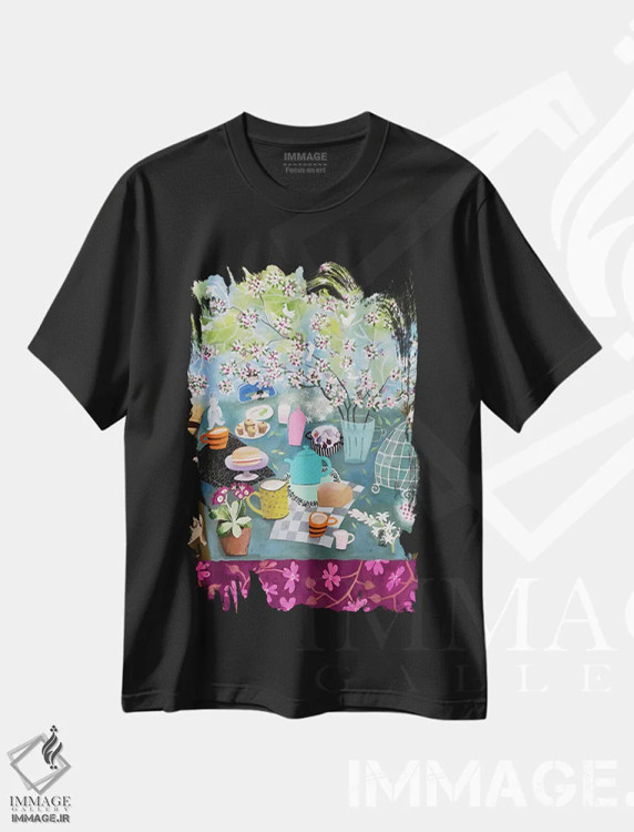 تیشرت مشکی طرح دار چای زیر شکوفه های سیب، تزئینی اثر گرتی یانگ | فروشگاه ایماژ