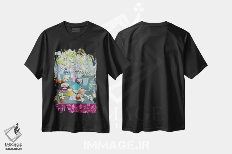 تیشرت مشکی طرح دار چای زیر شکوفه های سیب، تزئینی اثر گرتی یانگ | فروشگاه ایماژ