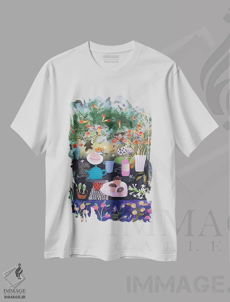 تیشرت سفید طرح دار چای با مادربزرگ، تزئینی اثر گرتی یانگ | immage.ir