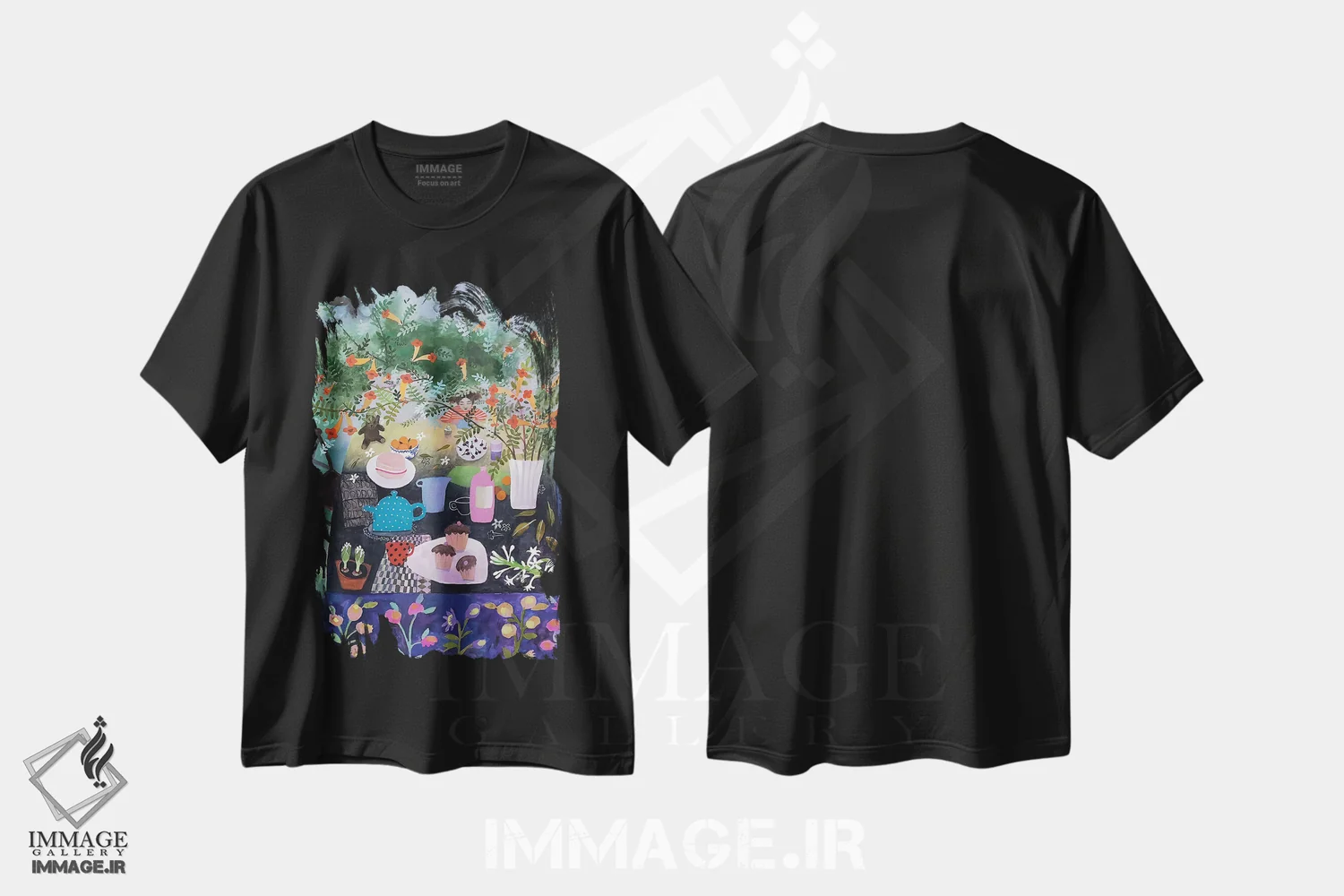 تیشرت مشکی طرح دار چای با مادربزرگ، تزئینی اثر گرتی یانگ | فروشگاه ایماژ