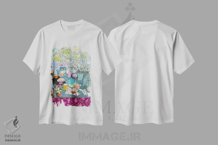 تیشرت سفید طرح دار چای زیر شکوفه های سیب، تزئینی اثر گرتی یانگ | immage.ir