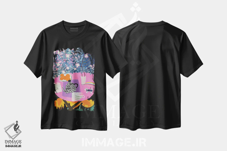 تیشرت مشکی طرح دار شقایق های کالیفرنیا زیر میزی صورتی، تزئینی اثر گرتی یانگ | فروشگاه ایماژ
