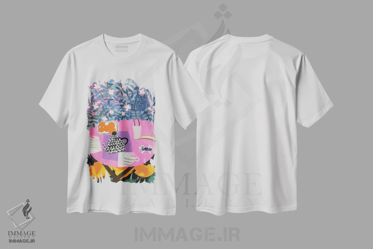 تیشرت سفید طرح دار شقایق های کالیفرنیا زیر میزی صورتی، تزئینی اثر گرتی یانگ | immage.ir