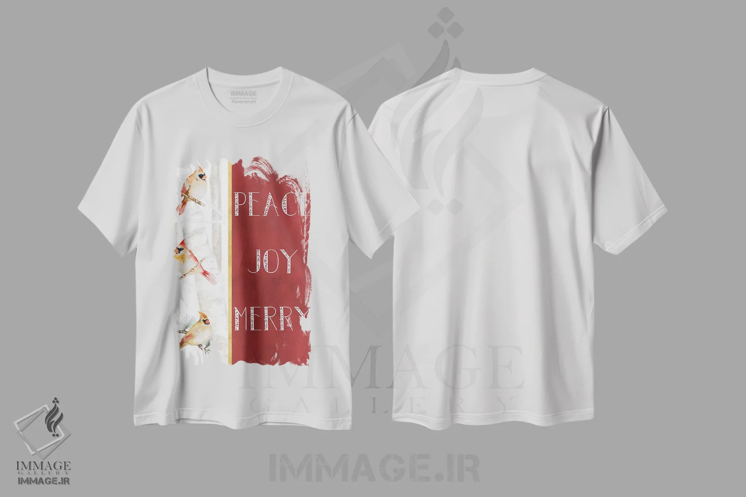 تیشرت سفید طرح دار آرامش، شادی، مبارکی، تابلو و عبار ت های کریسمسی اثر جنیس گینور | immage.ir