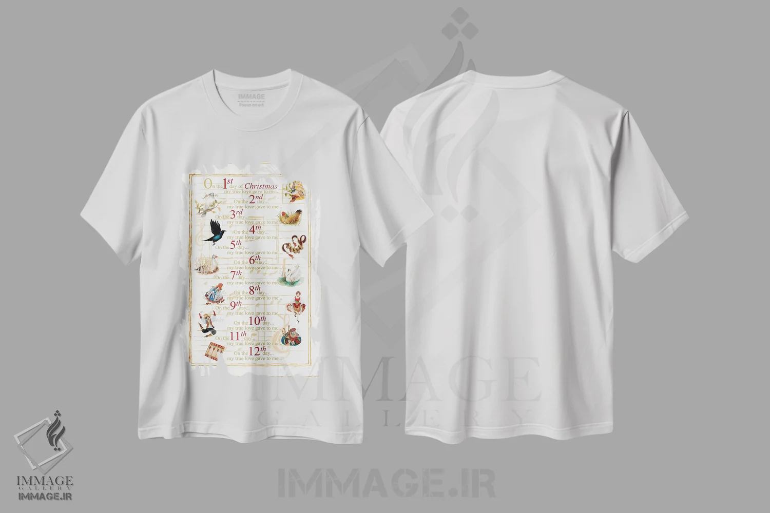 تیشرت سفید طرح دار دوازده روز کریسمس، تابلو و عبار ت های کریسمسی اثر جنیس گینور | immage.ir